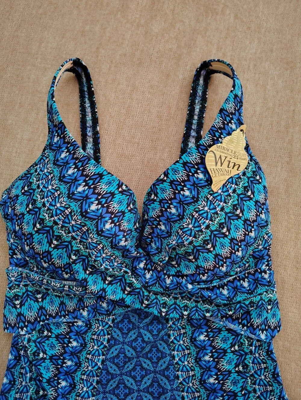 MiracleSuit Women' NWT One Piece Criss Cross Escape Swimsuit Size 16 Mosaic Blue